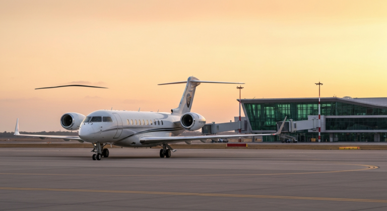 Sleek Bombardier Global 8000 private jet on a runway with a modern terminal at sunset.