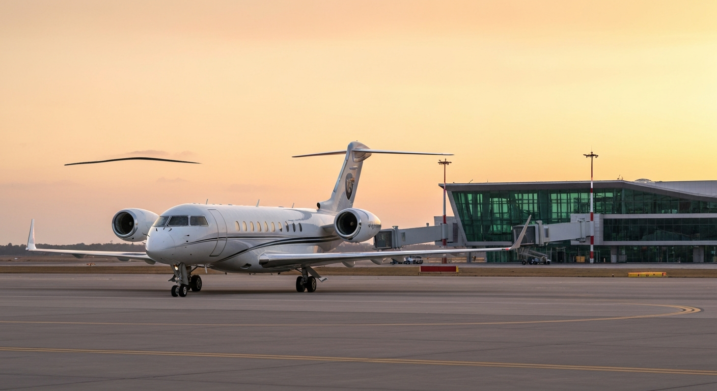 Sleek Bombardier Global 8000 private jet on a runway with a modern terminal at sunset.
