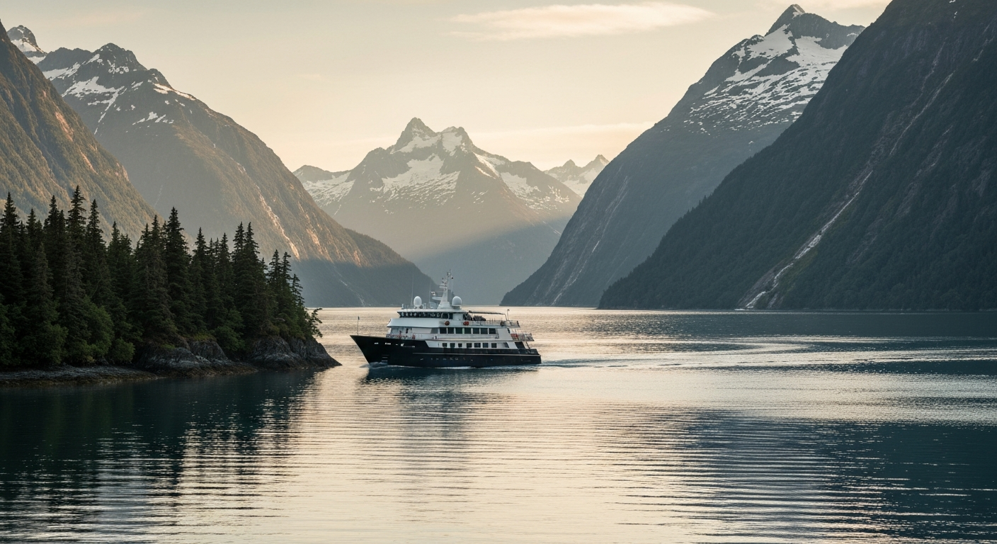 Explora III luxury cruise ship navigating Alaskan fjords amidst serene wilderness
