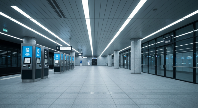 Modern train station in Copenhagen featuring digital ticketing infrastructure and contemporary design.