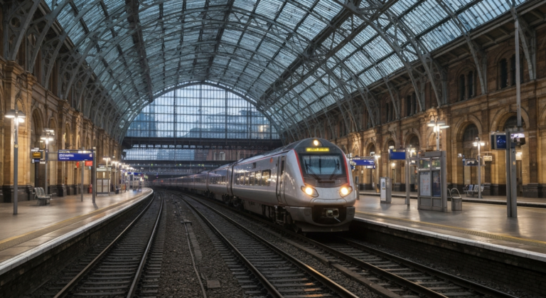 Modern train arriving at a beautifully lit, grand UK railway station platform during the evening.