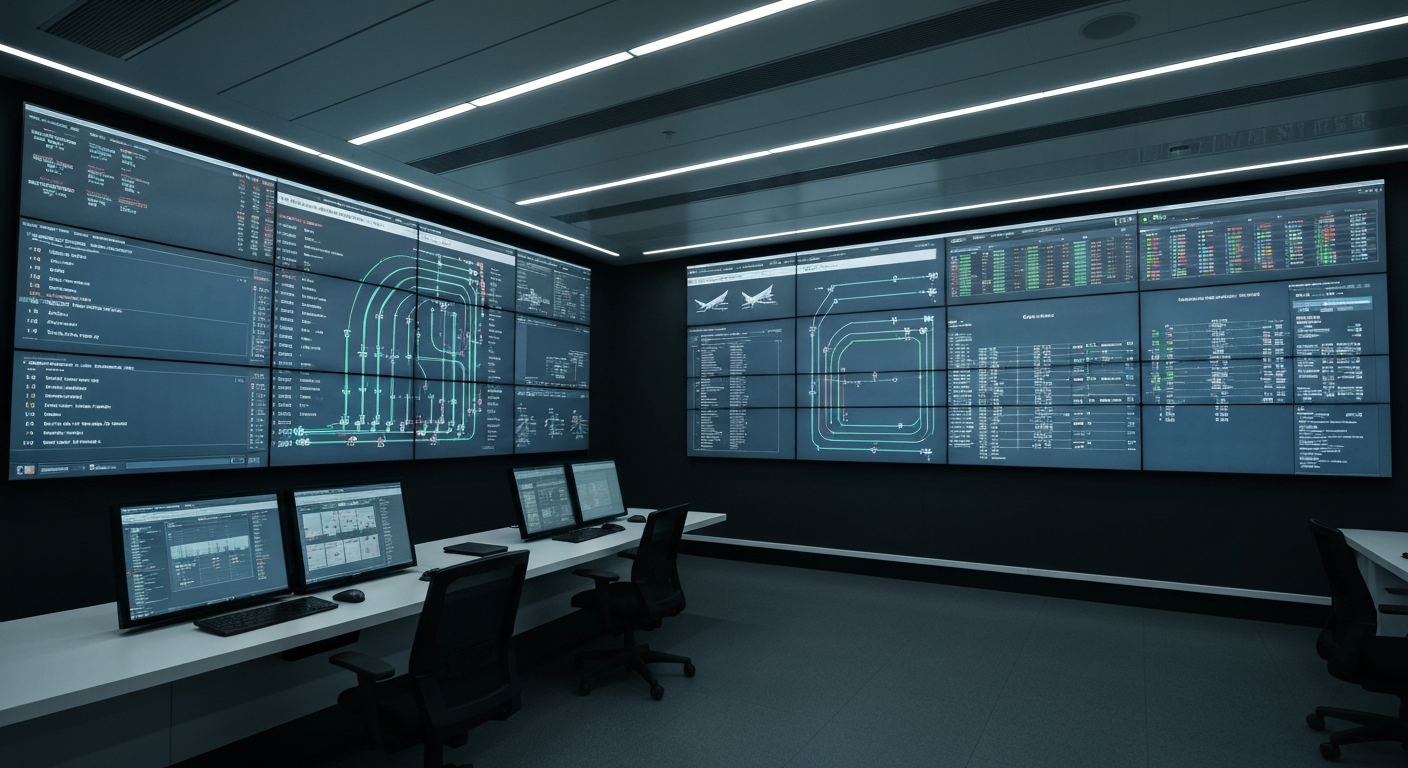 High-tech airport control center with digital displays showing real-time flight operations