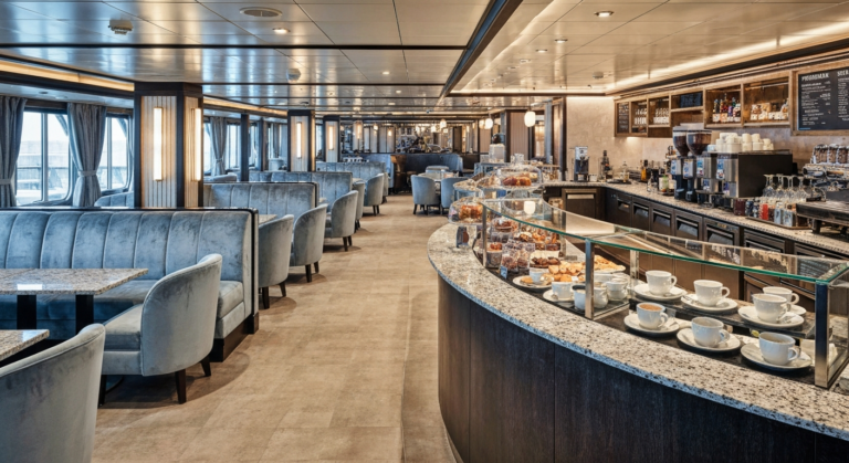 Modern cruise ship cafe interior with stylish seating and beverage counter
