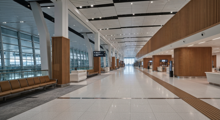 Modern airport terminal interior with high ceilings and natural light, reflecting efficient global travel.