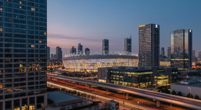 Modern city skyline with a brightly lit sports stadium and surrounding urban infrastructure at dusk