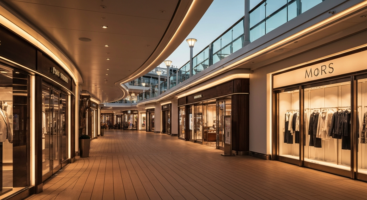 Elegant Royal Promenade on a large cruise ship with shops and soft lighting