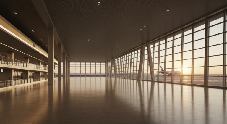 Sleek, modern international airport terminal bathed in dawn light, ready for connecting travelers