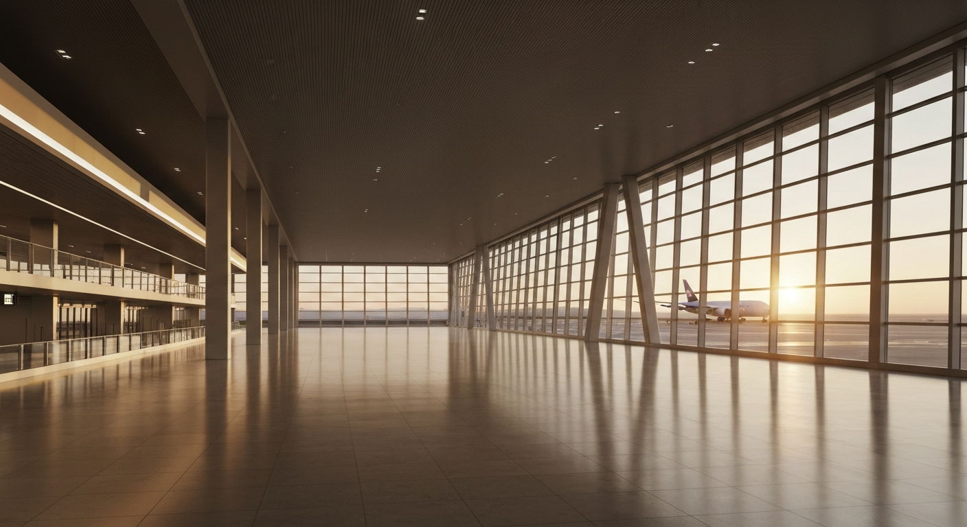 Sleek, modern international airport terminal bathed in dawn light, ready for connecting travelers