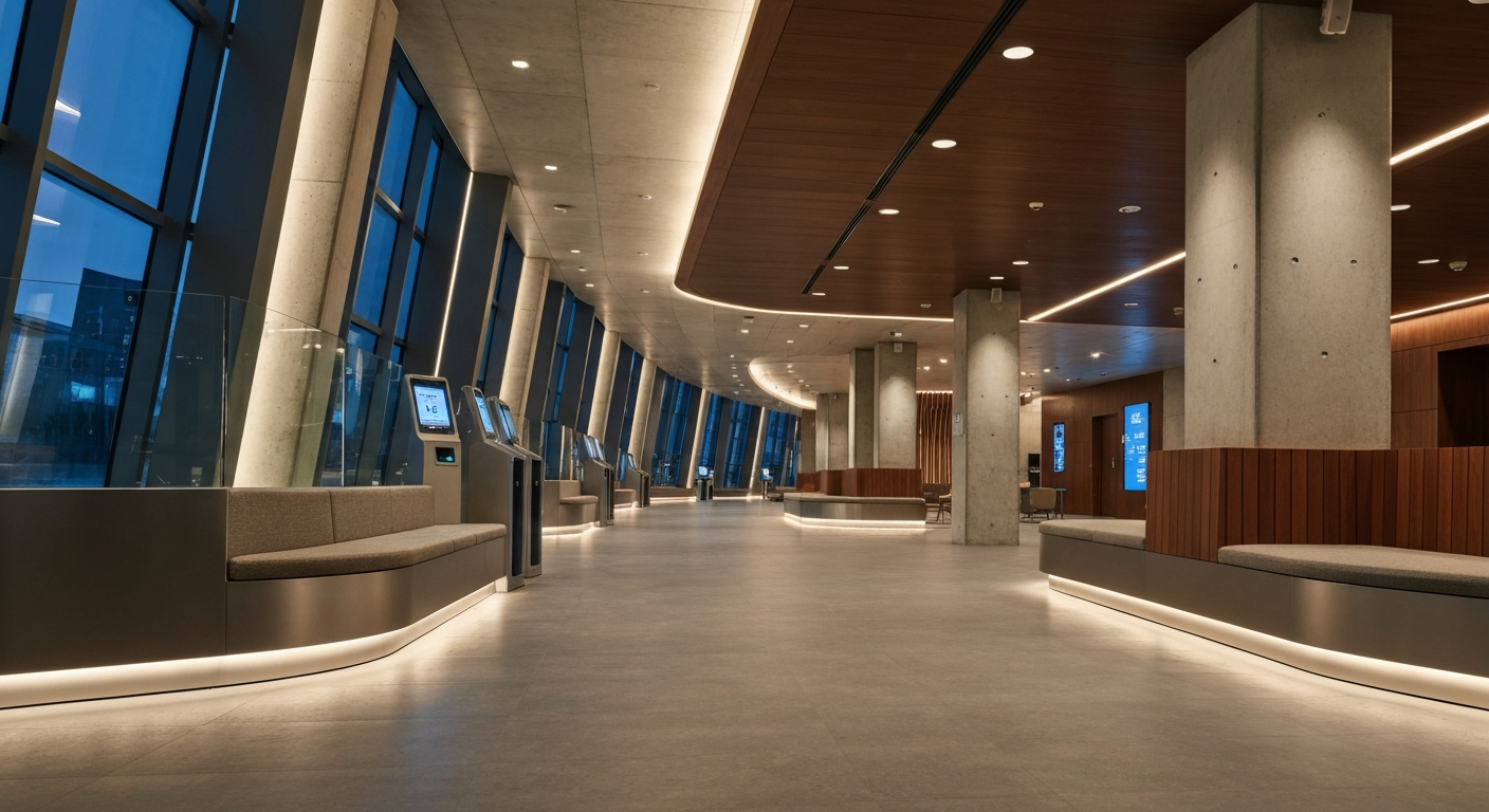 Modern cruise terminal interior showcasing advanced biometric screening technology for efficient passenger boarding.