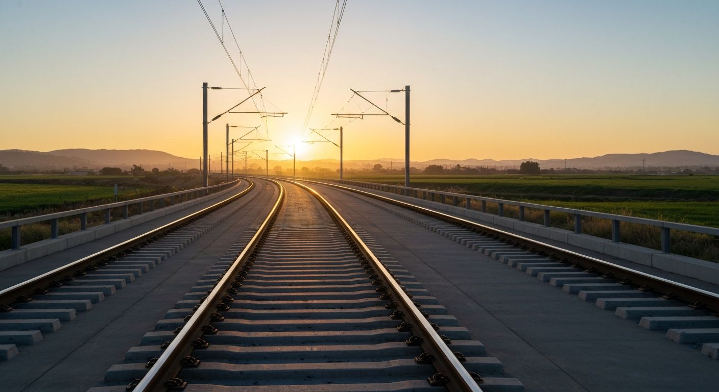 Modern high-speed rail tracks under construction in a scenic California valley.