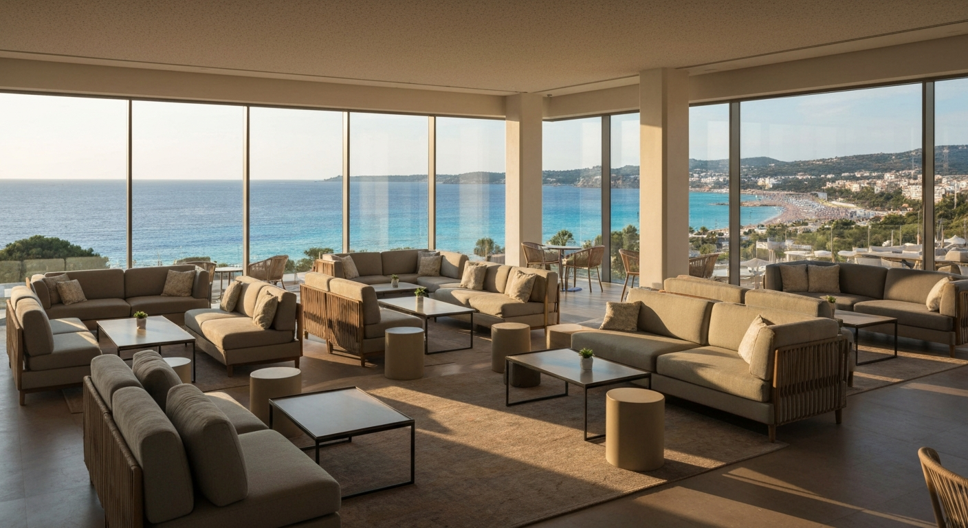 Modern resort lounge in a Mediterranean setting with coastal views, perfect for a relaxing holiday.