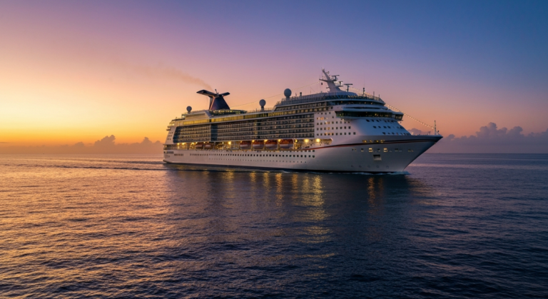 Modern Carnival cruise ship sailing into a colorful sunset on calm ocean