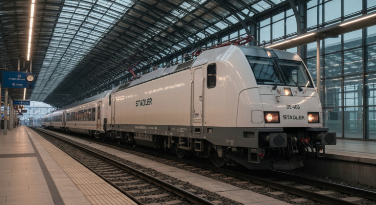 Sleek, modern Stadler DE 406 dual-mode locomotive parked at a contemporary Italian train station.