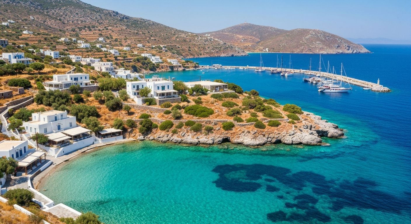 Pristine Greek island landscape with traditional architecture and a serene turquoise bay