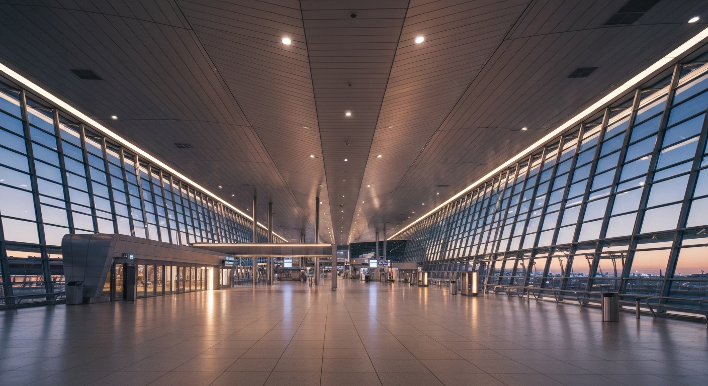 Sleek, modern airport terminal interior with contemporary design and soft ambient lighting, suggesting future travel.