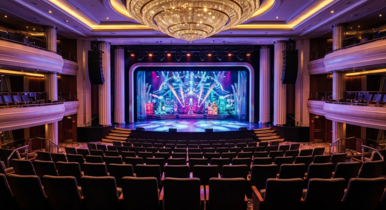 Elegant cruise ship theater stage illuminated during a live performance