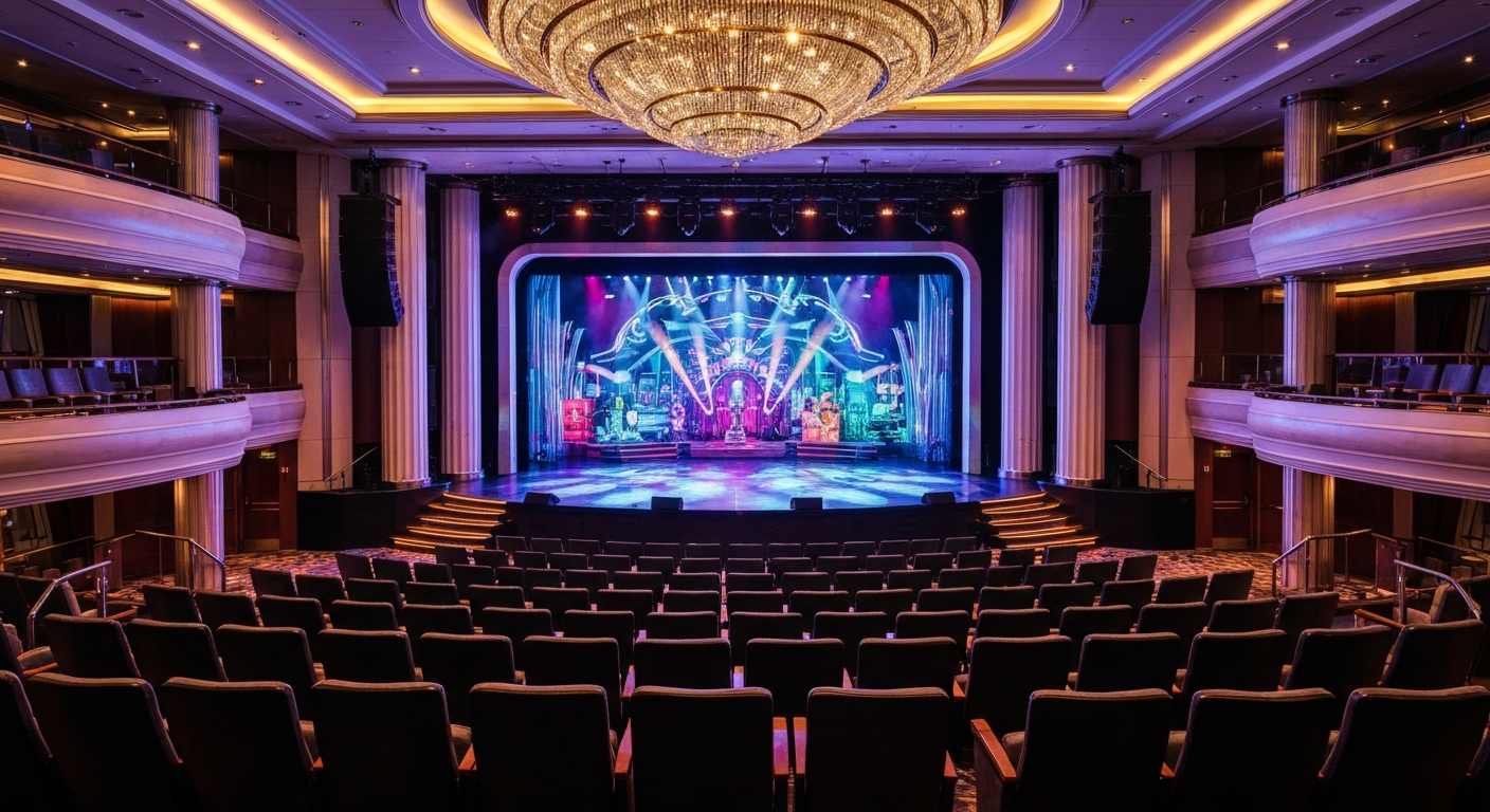 Elegant cruise ship theater stage illuminated during a live performance