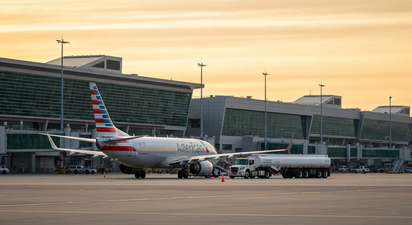 American Airlines aircraft on a quiet tarmac at Chicago O'Hare, ready for sustainable refueling
