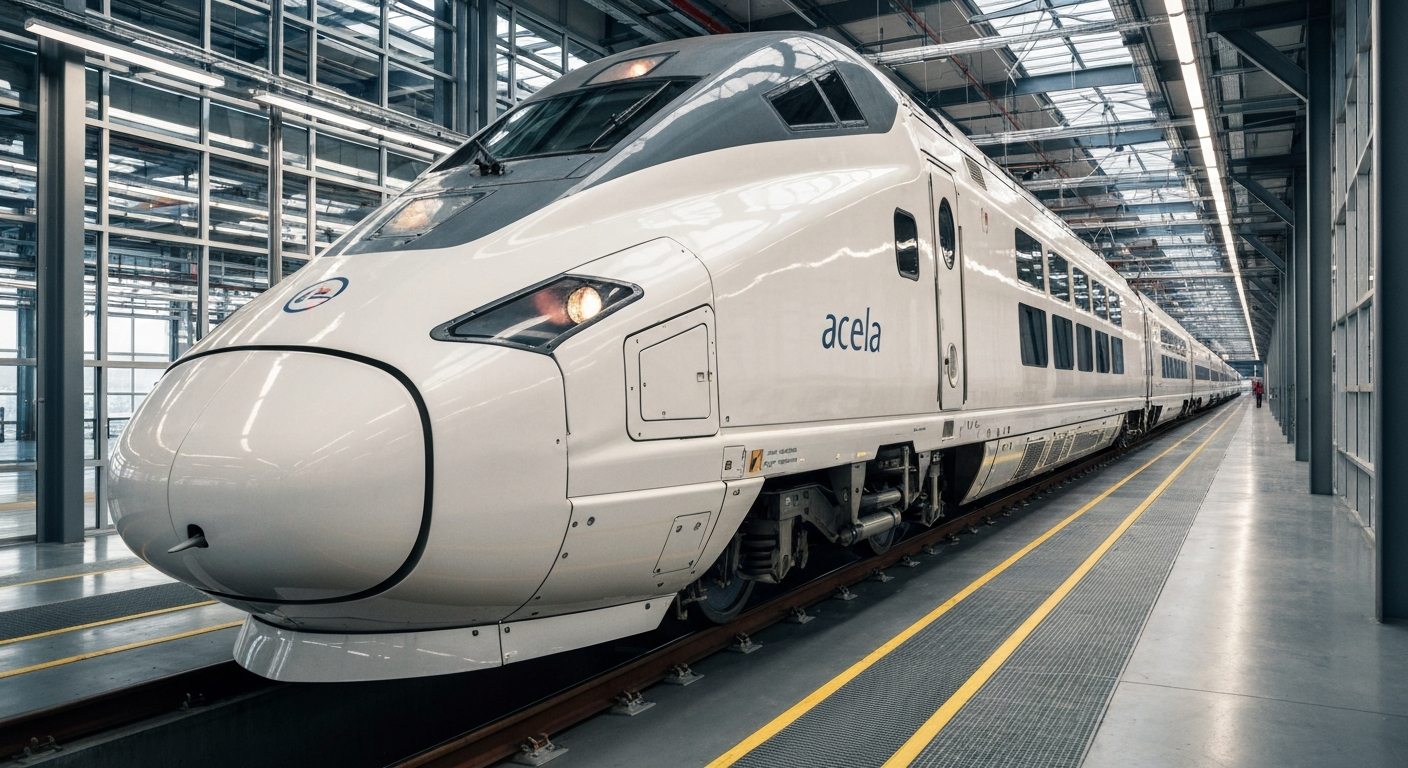 Modern Alstom Acela high-speed train undergoing maintenance in a state-of-the-art facility