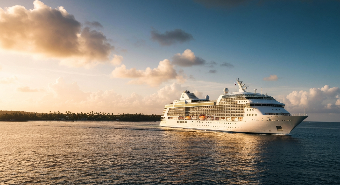 Modern cruise ship sailing safely through tropical waters during hurricane season at sunset