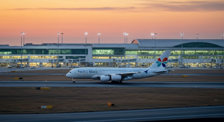 Modern Pacific Reach Airlines aircraft taxiing on a runway with an empty international terminal at dawn.