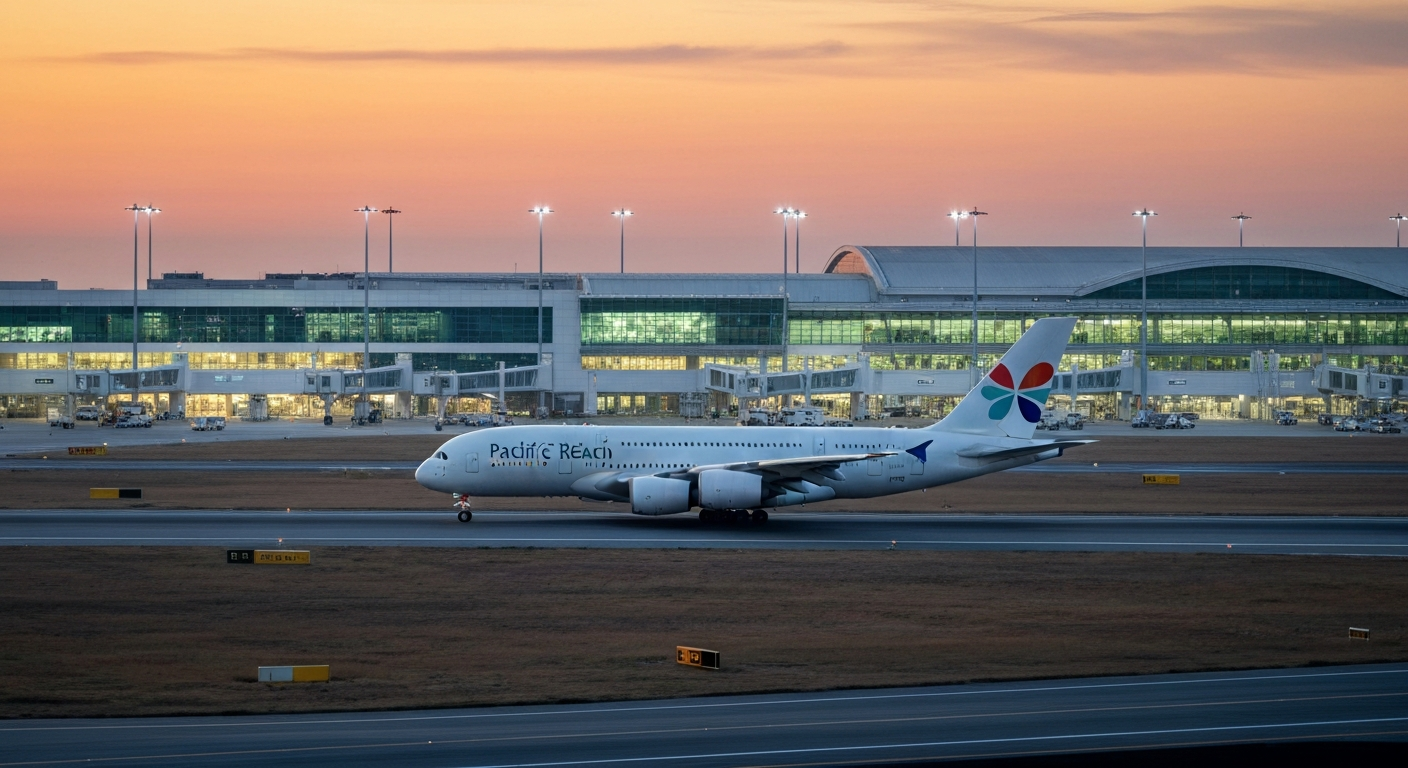 Modern Pacific Reach Airlines aircraft taxiing on a runway with an empty international terminal at dawn.