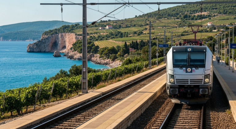Modern Siemens Vectron locomotive stationed at a contemporary European railway terminal in Croatia