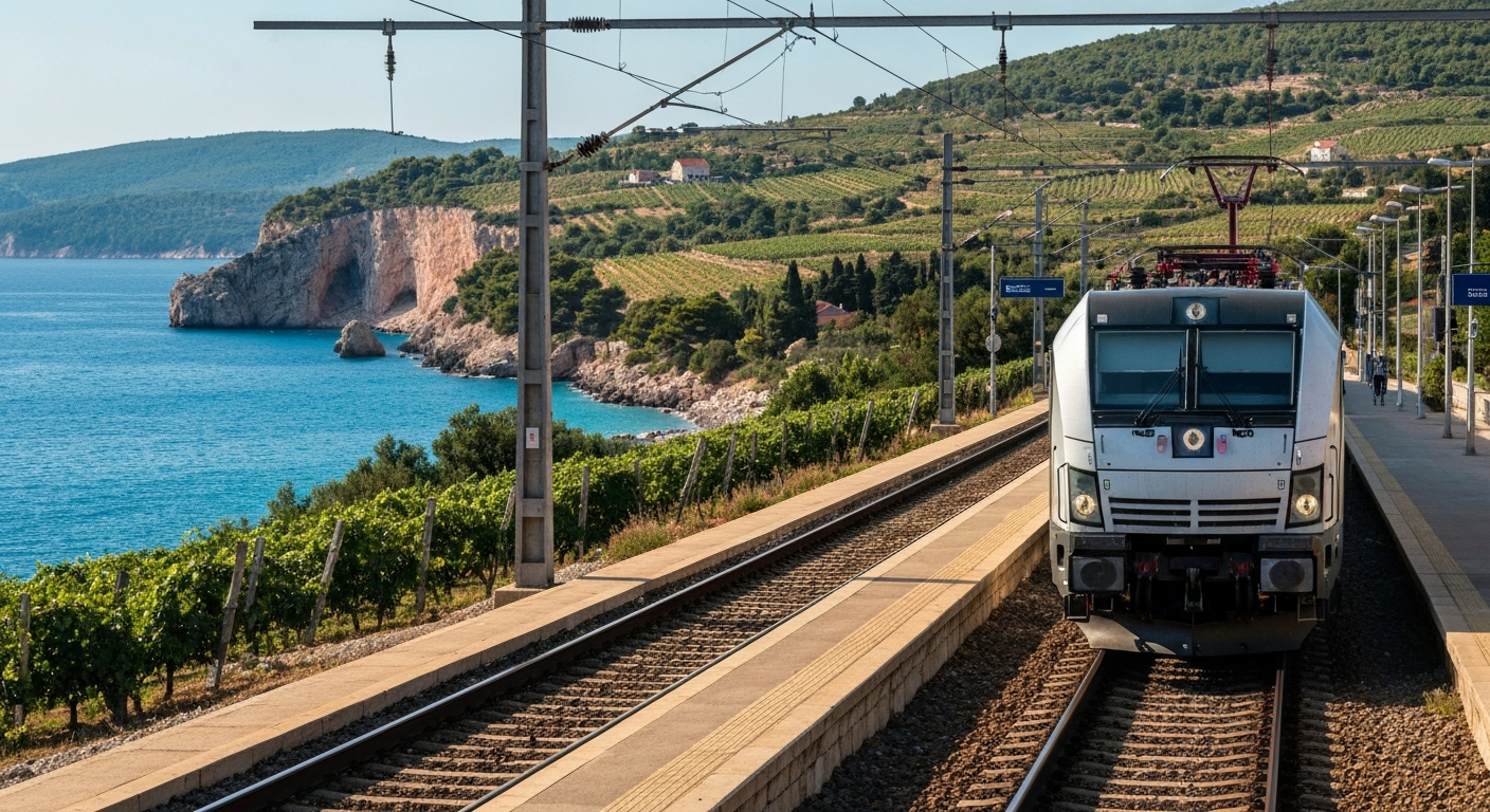 Modern Siemens Vectron locomotive stationed at a contemporary European railway terminal in Croatia