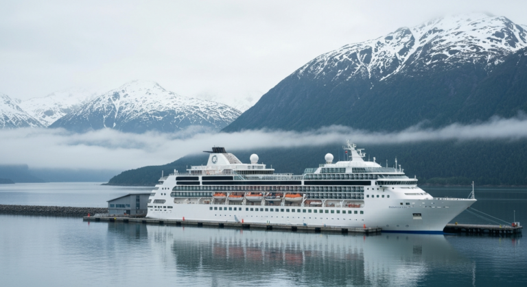 Virgin Voyages Brilliant Lady cruise ship docked in scenic Alaskan port with mountain backdrop