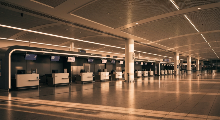 Empty, modern Terminal 2 at Frankfurt Airport undergoing renovation, featuring sleek architecture and quiet counters.