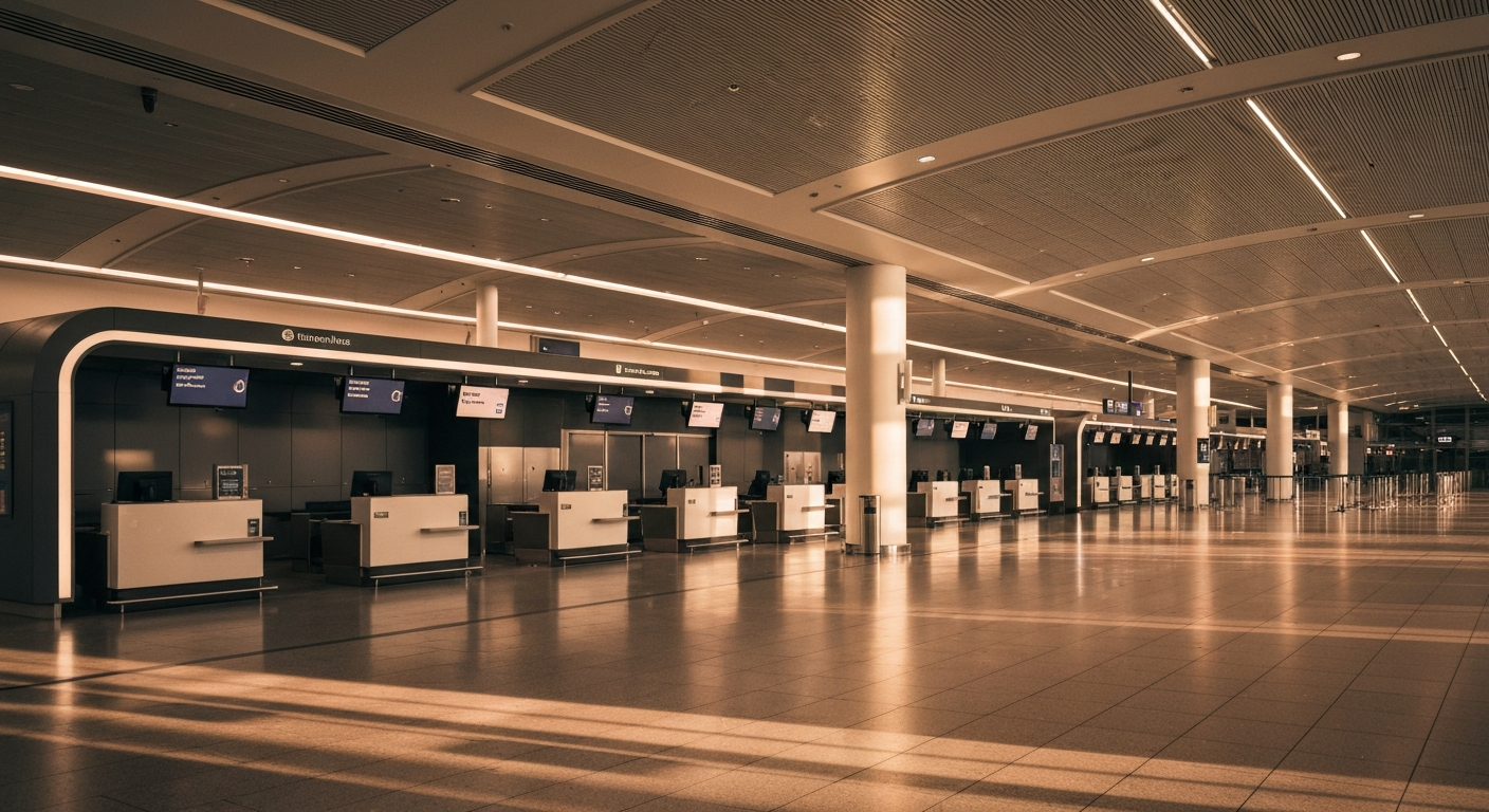 Empty, modern Terminal 2 at Frankfurt Airport undergoing renovation, featuring sleek architecture and quiet counters.