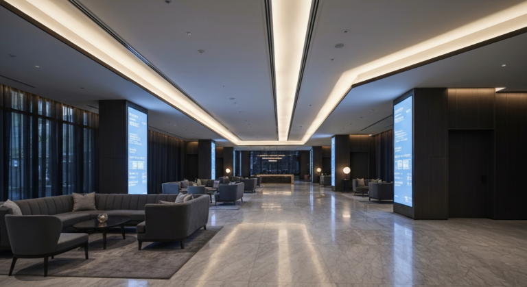Modern luxury hotel lobby with advanced digital guest technology and elegant design