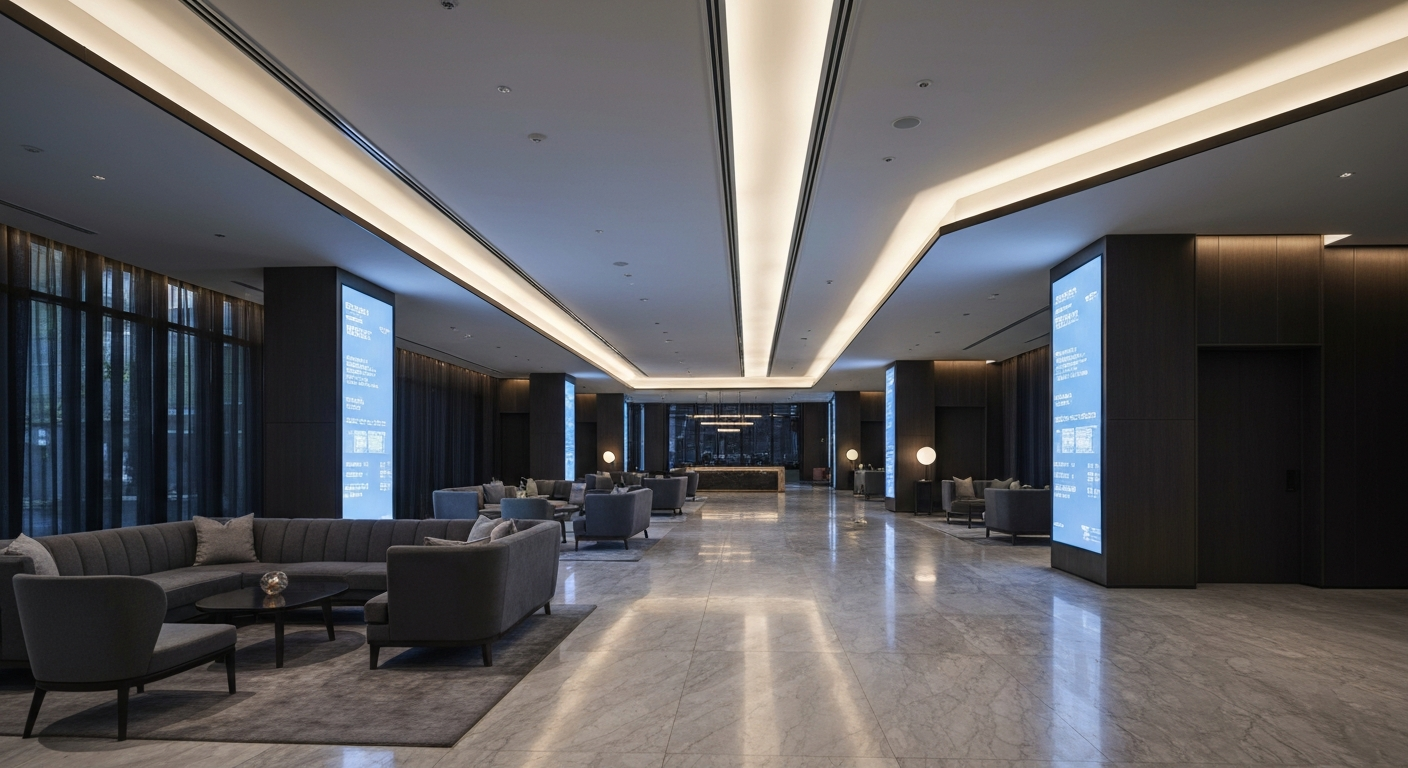 Modern luxury hotel lobby with advanced digital guest technology and elegant design