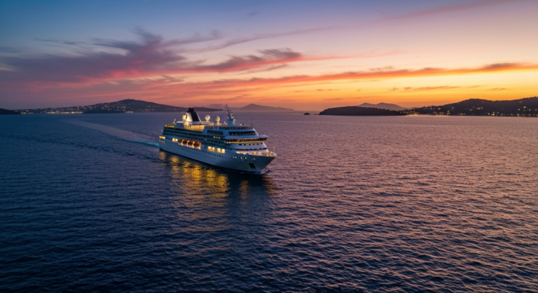 Luxury cruise ship sailing peacefully through the Mediterranean during a golden sunset.