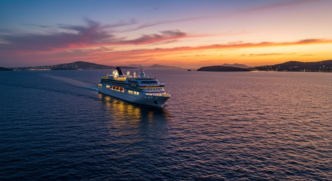 Luxury cruise ship sailing peacefully through the Mediterranean during a golden sunset.