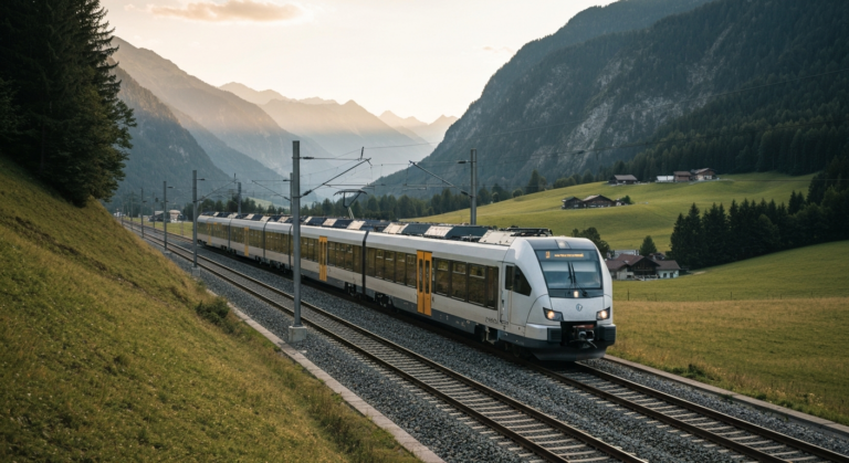 Modern regional train travels through picturesque Bavarian Alps, showcasing advanced rail safety technology.
