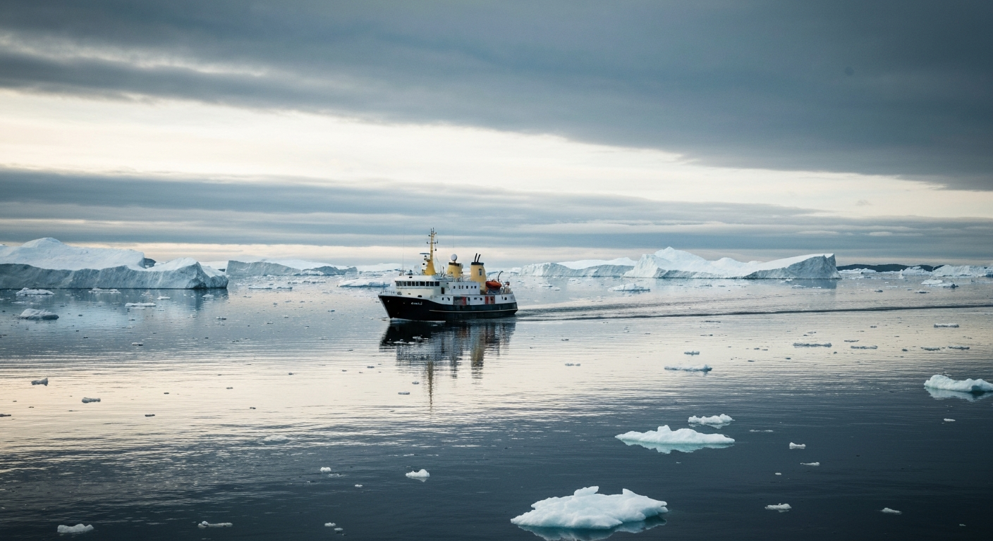 Expedition cruise ship navigating pristine Arctic waters surrounded by icebergs at sunset