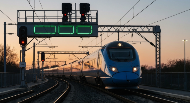 Modern high-speed train passing advanced rail signal gantries on a sophisticated UK railway line