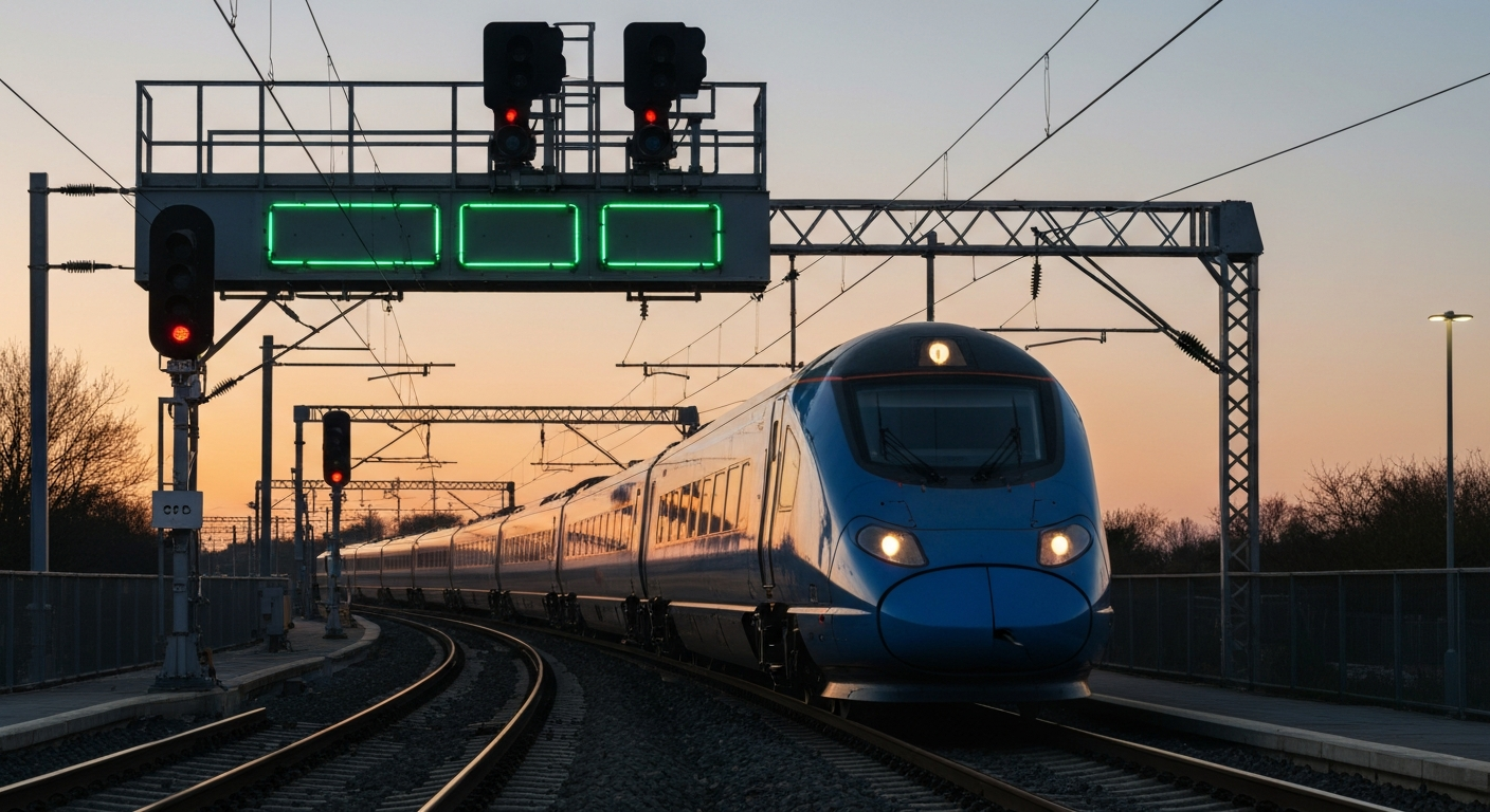 Modern high-speed train passing advanced rail signal gantries on a sophisticated UK railway line
