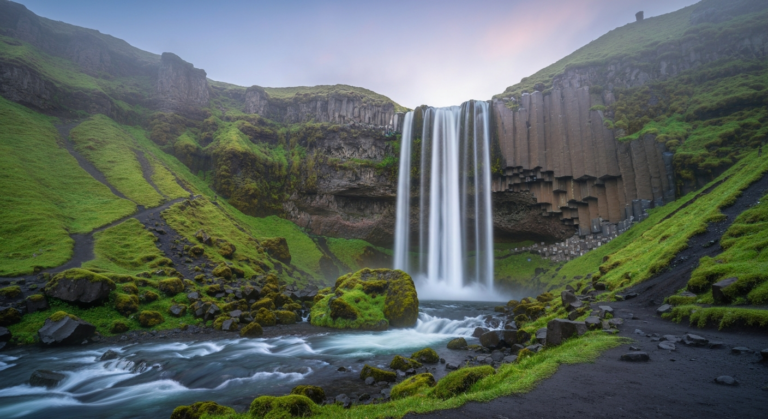 Majestic Seljalandsfoss waterfall in Iceland surrounded by green landscape at sunrise
