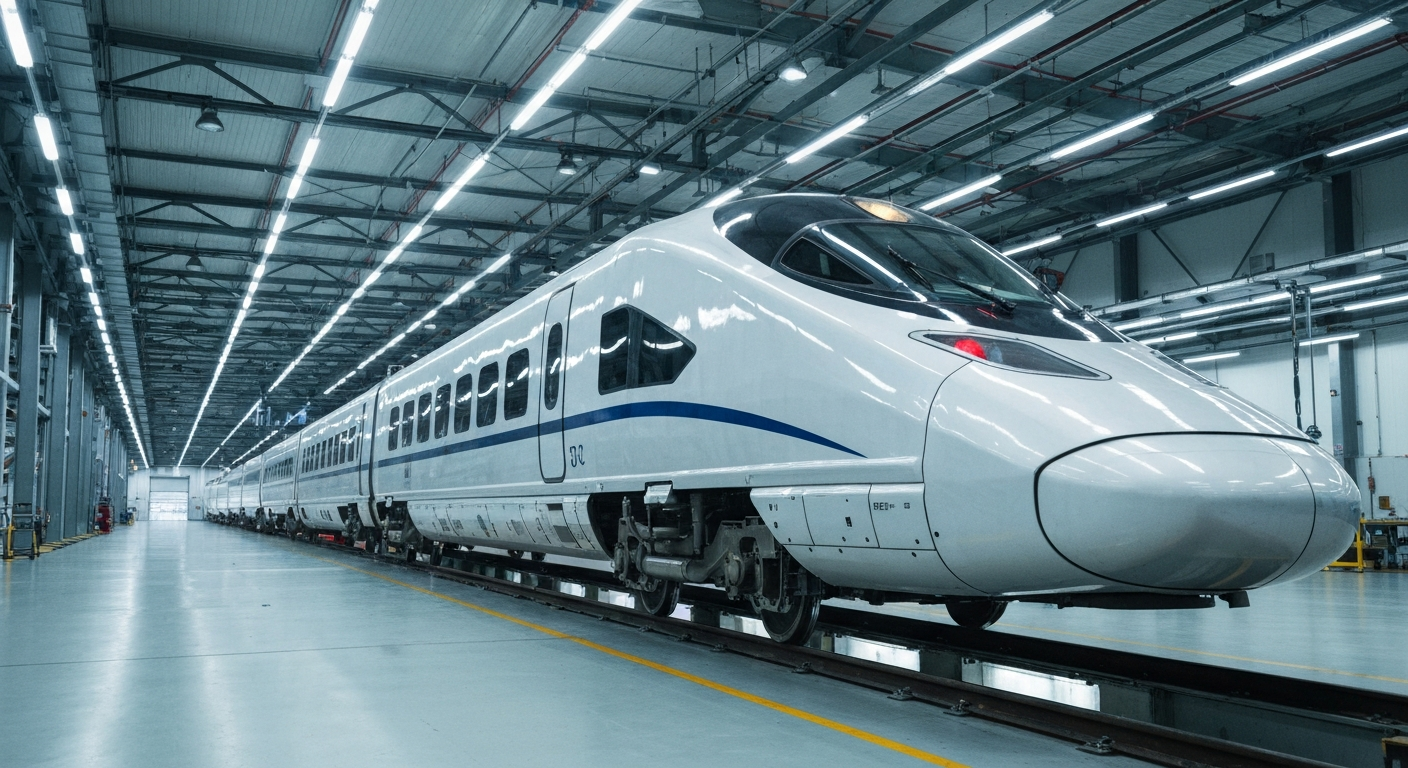 Modern high-speed rail maintenance workshop with sleek trains and clean industrial lighting