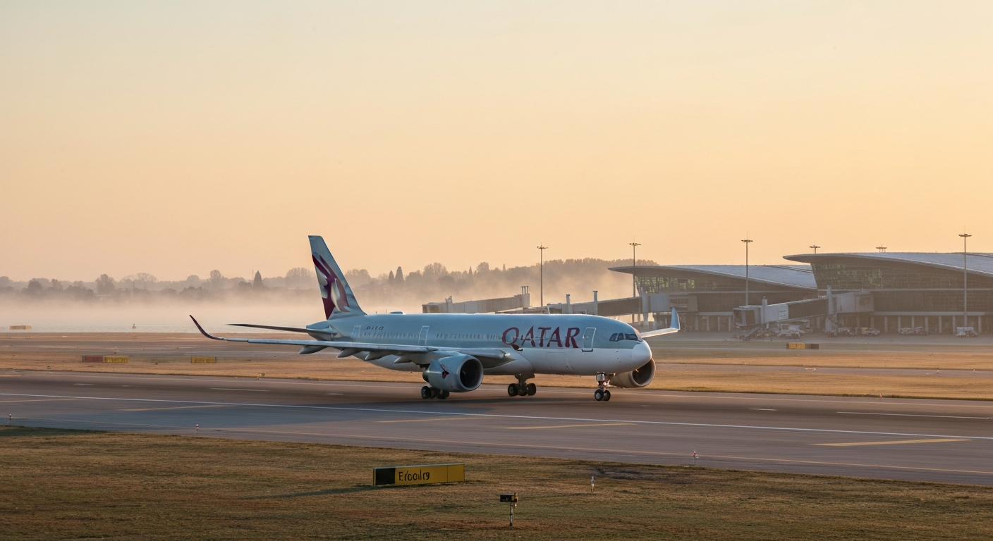 Qatar Airways aircraft parked on the runway at Venice Marco Polo Airport at sunrise