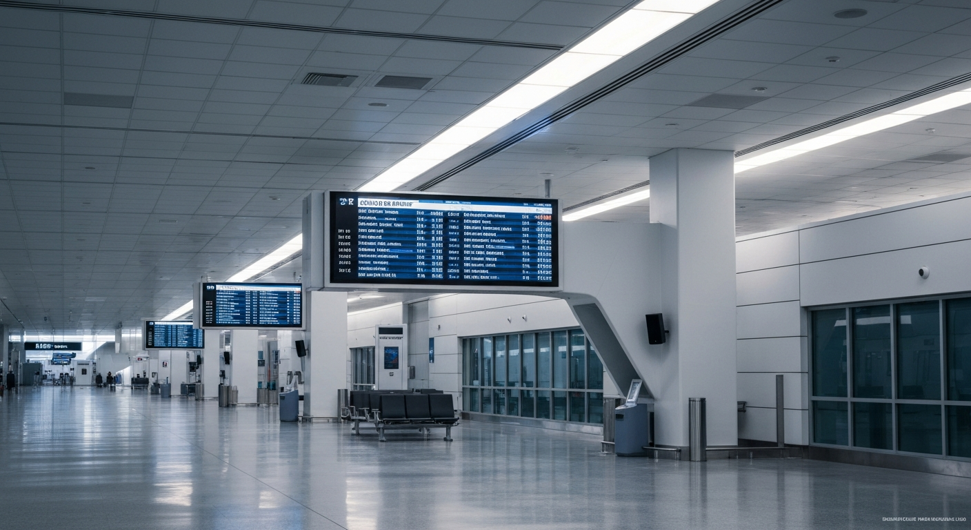 Modern boarding gate at Oakland Airport displaying a Frontier Airlines flight