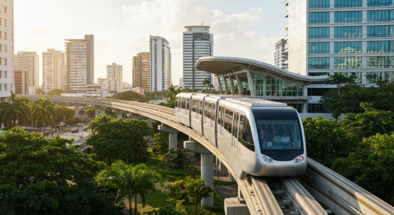 Modern monorail train arriving at a contemporary station platform in the Dominican Republic