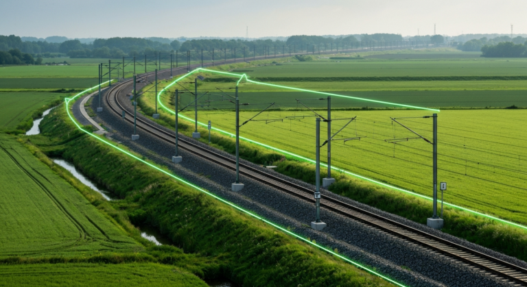 Modern railway tracks in the Netherlands with subtle digital geofencing graphics, enhancing rail safety.