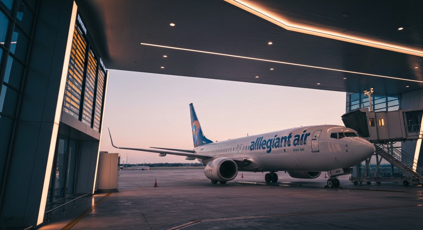 Allegiant Air Boeing 737 MAX aircraft at a modern, empty airport gate