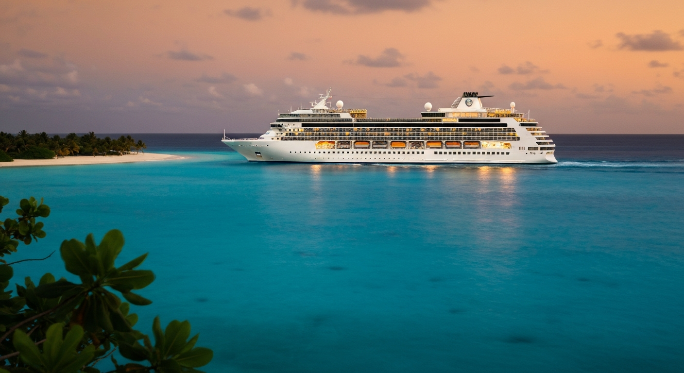 Luxury P&O cruise ship sailing through calm Caribbean waters near a tropical beach at sunset