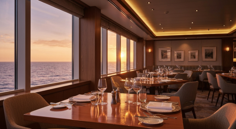 Elegant interior of a cruise ship dining room with ocean view during sunset.
