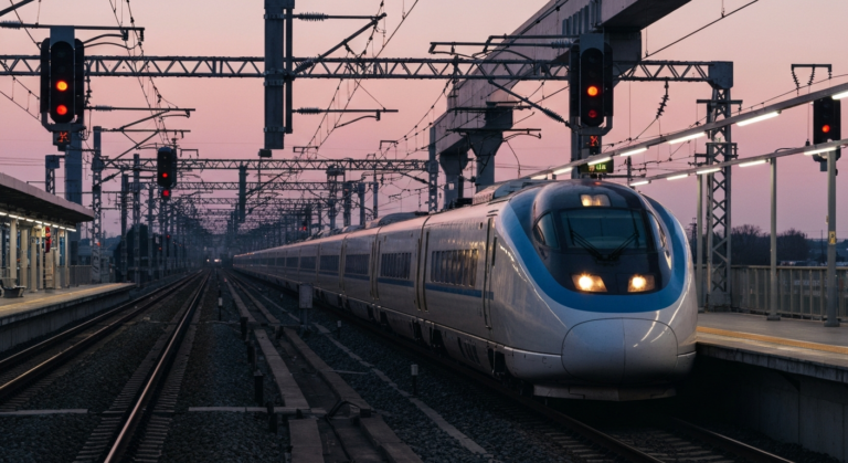 Modern passenger train at a gleaming station platform, representing advanced rail infrastructure and safety.