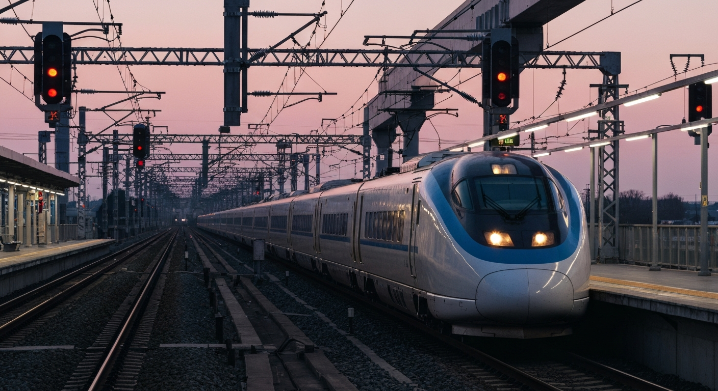 Modern passenger train at a gleaming station platform, representing advanced rail infrastructure and safety.